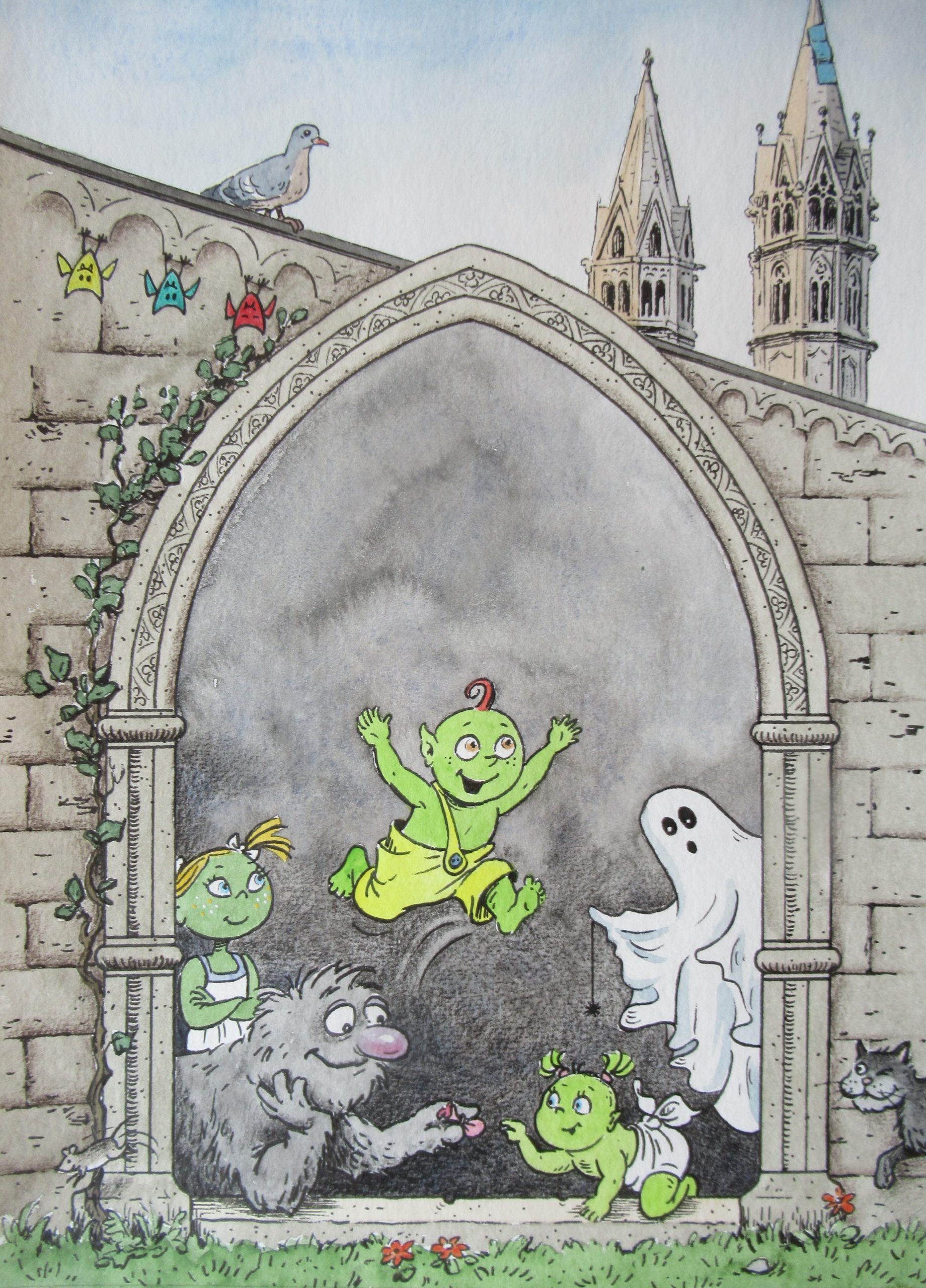 ein grüner kleiner Kobold springt lachend aus einem gotischen Kirchenfenster